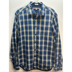 Tommy Hilfiger Indigo Yarns Blue Plaid Button Down Shirt Men's Size L Long Sleev